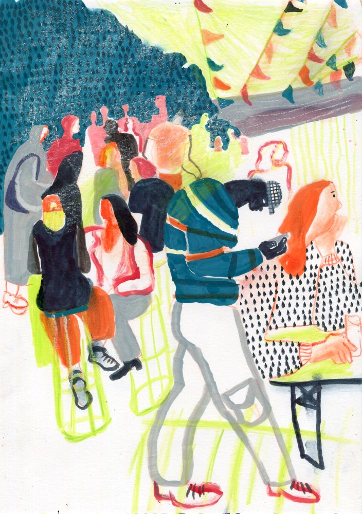 Original Mixed-Media-Kunstwerk "Café in Paris" von Natalia Mirzoyan. Mischtechnik aus Ölpastellkreide, Bleistift, Tusche und Acryl auf Papier, Größe ca. 20 x 30 cm. Zeitgenössische, expressive Zeichnung mit atmosphärischer Wirkung.