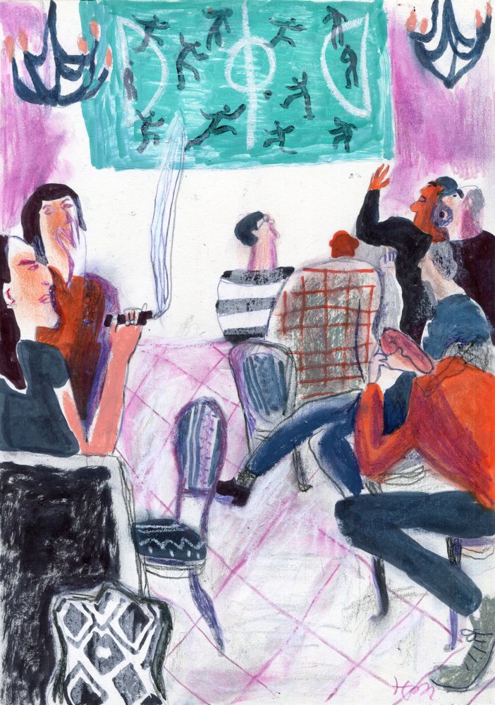 Original Mixed-Media-Kunstwerk "Football in Café" von Natalia Mirzoyan. Mischtechnik aus Ölpastellkreide, Bleistift, Tusche und Acryl auf Papier, Größe ca. 20 x 30 cm. Zeitgenössische, expressive Zeichnung mit atmosphärischer Wirkung.
