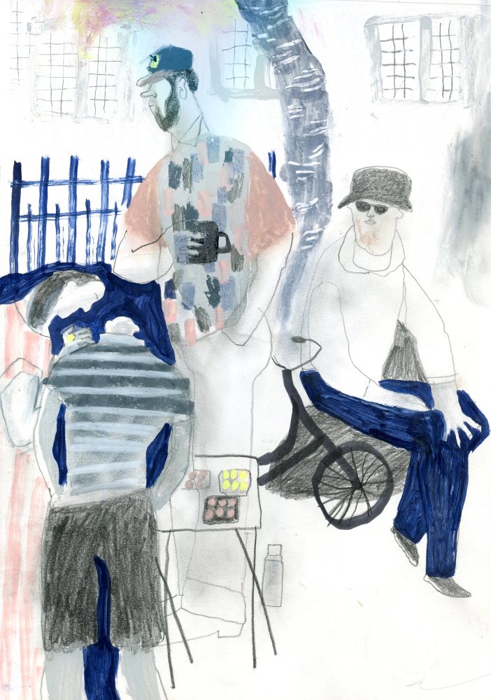 Original Mixed-Media-Kunstwerk "Kalamaja Market" von Natalia Mirzoyan. Mischtechnik aus Ölpastellkreide, Bleistift, Tusche und Acryl auf Papier, Größe ca. 20 x 30 cm. Zeitgenössische, expressive Zeichnung mit atmosphärischer Wirkung.