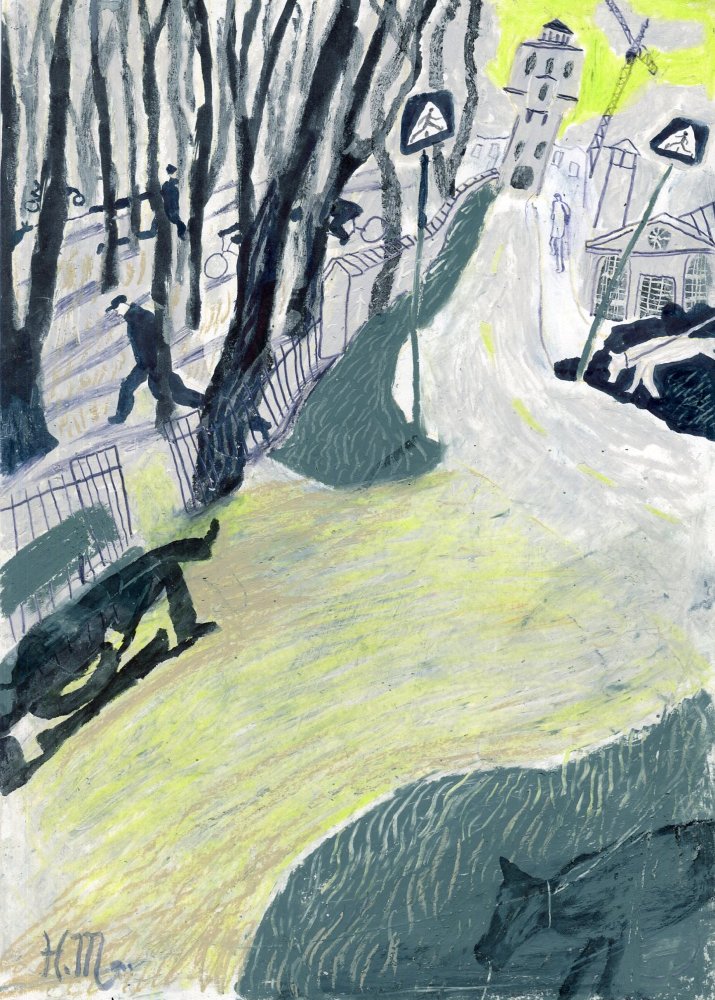 Original Mixed-Media-Kunstwerk "Kalamaja Park" von Natalia Mirzoyan. Mischtechnik aus Ölpastellkreide, Bleistift, Tusche und Acryl auf Papier, Größe ca. 20 x 30 cm. Zeitgenössische, expressive Zeichnung mit atmosphärischer Wirkung.