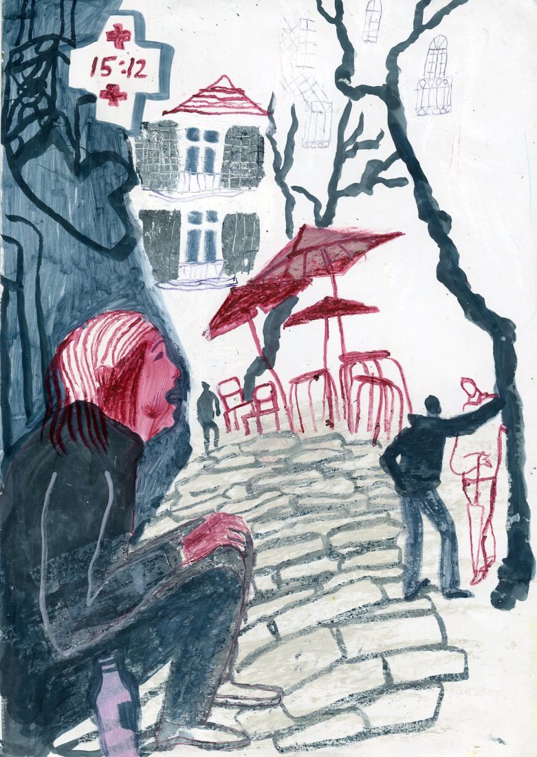 Original Mixed-Media-Kunstwerk "Porto woman" von Natalia Mirzoyan. Mischtechnik aus Ölpastellkreide, Bleistift, Tusche und Acryl auf Papier, Größe ca. 20 x 30 cm. Zeitgenössische, expressive Zeichnung mit atmosphärischer Wirkung.