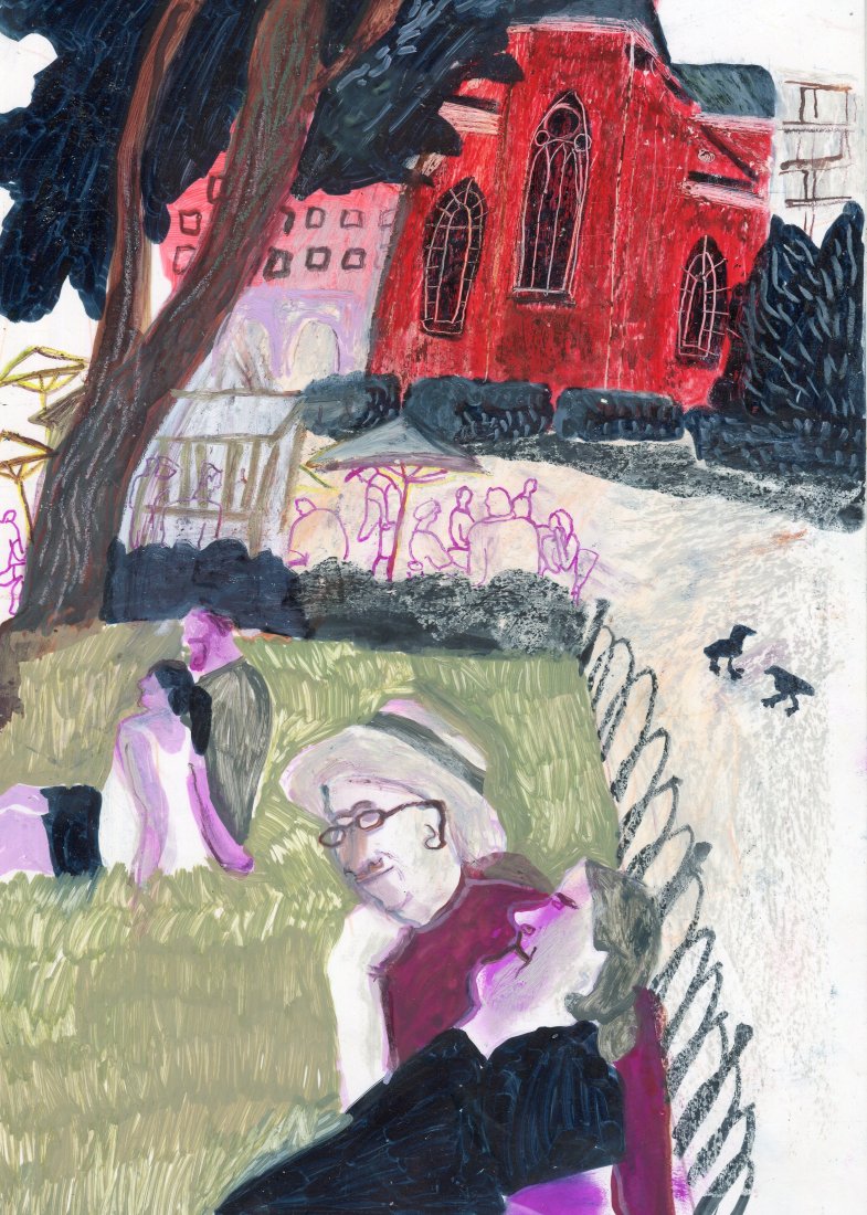 Original Mixed-Media-Kunstwerk "Stockholm summer" von Natalia Mirzoyan. Mischtechnik aus Ölpastellkreide, Bleistift, Tusche und Acryl auf Papier, Größe ca. 20 x 30 cm. Zeitgenössische, expressive Zeichnung mit atmosphärischer Wirkung.