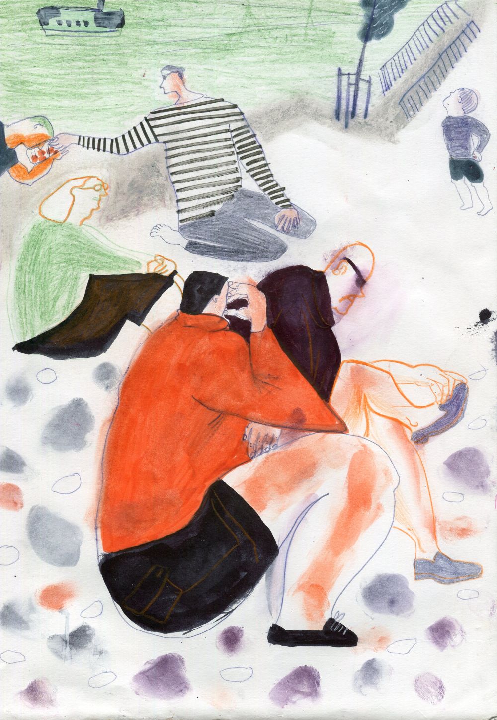 Original Mixed-Media-Kunstwerk "At the Beach" von Natalia Mirzoyan. Mischtechnik aus Ölpastellkreide, Bleistift, Tusche und Acryl auf Papier, Größe ca. 20 x 30 cm. Zeitgenössische, expressive Zeichnung mit atmosphärischer Wirkung.