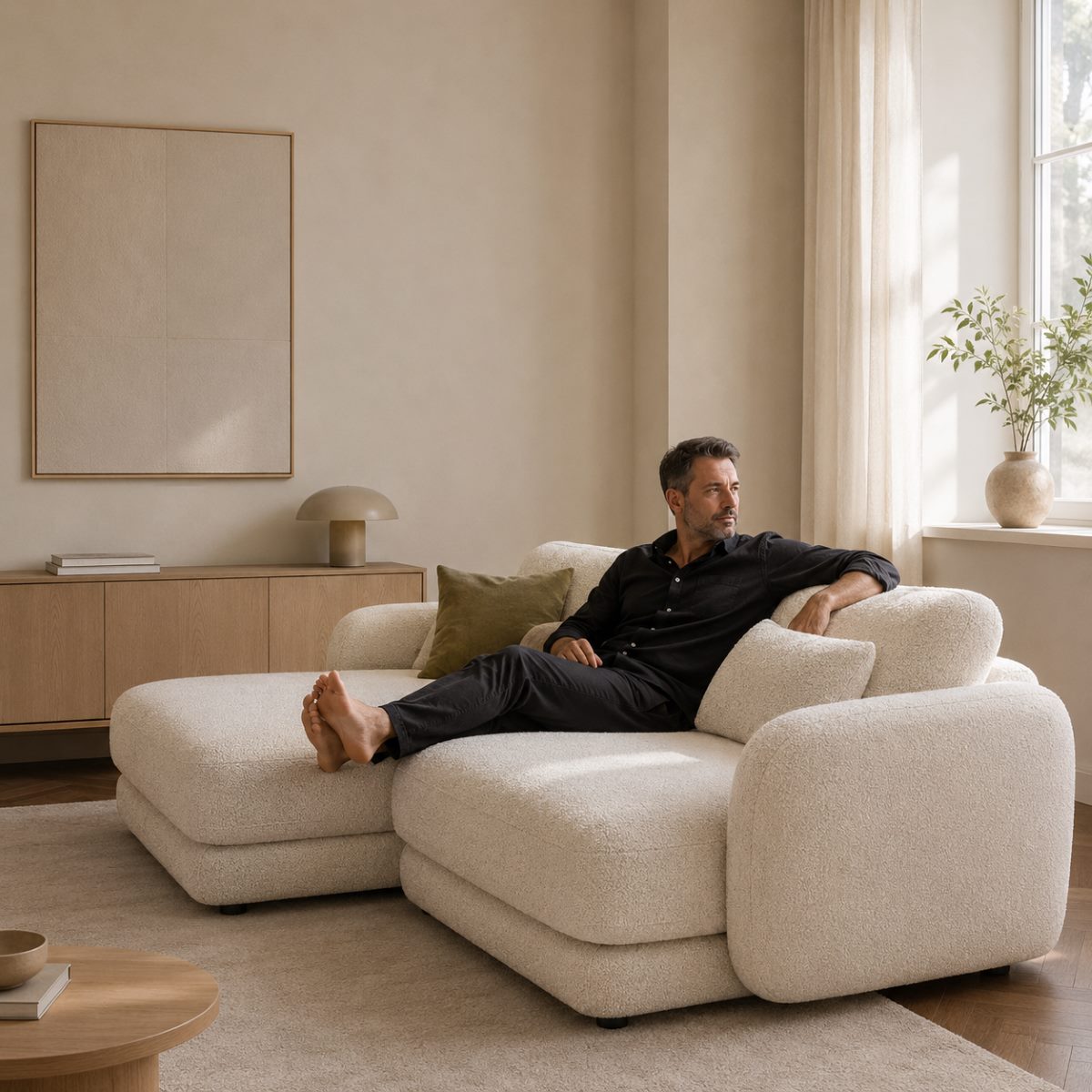 BOHO Sofa 250 Chaiselongue in einem hellen Wohnzimmer, auf dem ein dunkel gekleideter Mann sitzt mit Blick nach draußen, Hersteller: Oot-Oot, Bild: KI-generiert