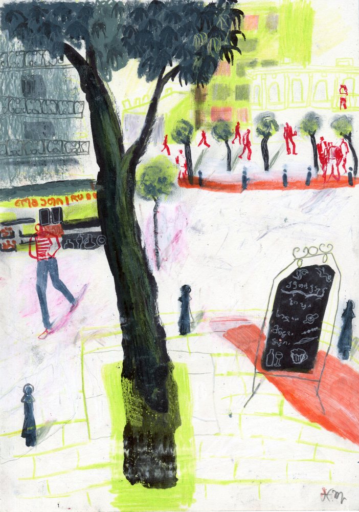 Original Mixed-Media-Kunstwerk "Café in Paris" von Natalia Mirzoyan. Mischtechnik aus Ölpastellkreide, Bleistift, Tusche und Acryl auf Papier, Größe ca. 20 x 30 cm. Zeitgenössische, expressive Zeichnung mit atmosphärischer Wirkung.