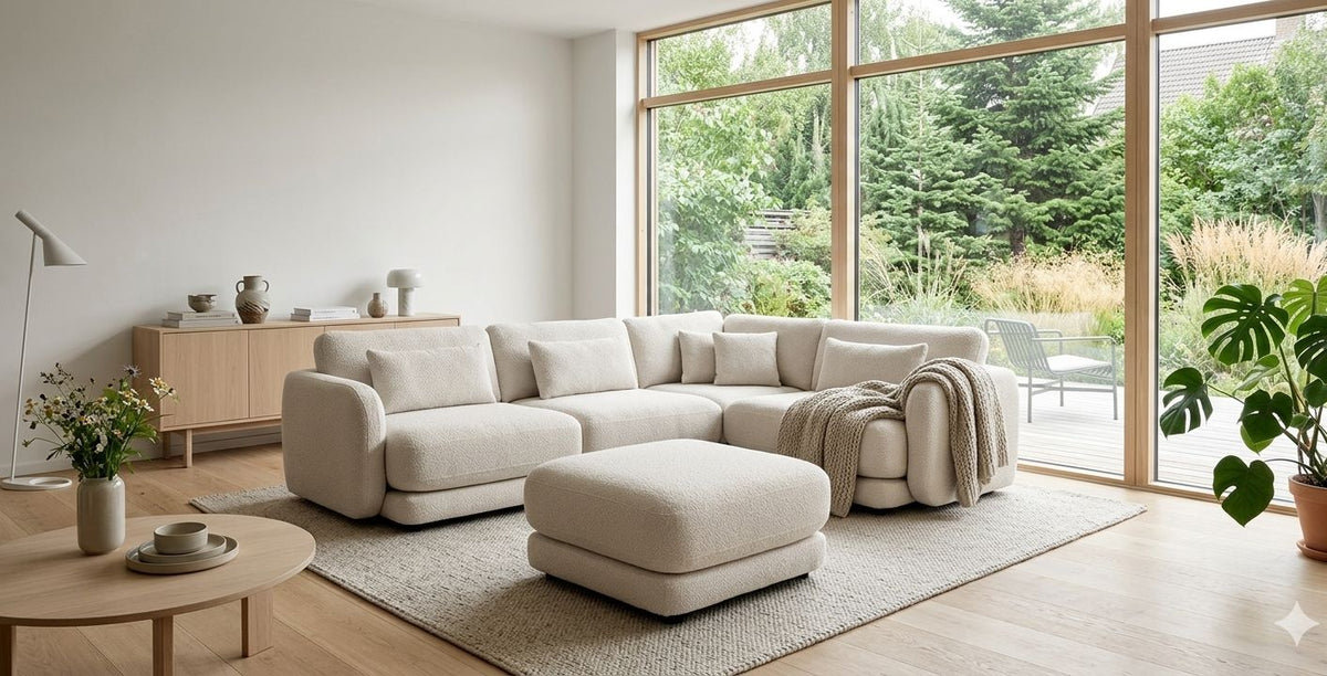 Ecksofa BOHO des estnischen Herstellers Oot-Oot in einem hellen Wohnzimmer mit Blick in den Garten , Bild: KI-generiert