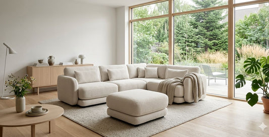 Ecksofa BOHO des estnischen Herstellers Oot-Oot in einem hellen Wohnzimmer mit Blick in den Garten , Bild: KI-generiert