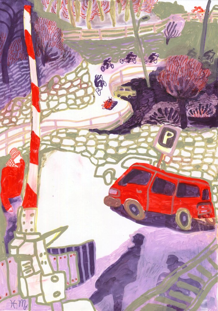 Original Mixed-Media-Kunstwerk "Camedo" von Natalia Mirzoyan. Mischtechnik aus Ölpastellkreide, Bleistift, Tusche und Acryl auf Papier, Größe ca. 20 x 30 cm. Zeitgenössische, expressive Zeichnung mit atmosphärischer Wirkung.