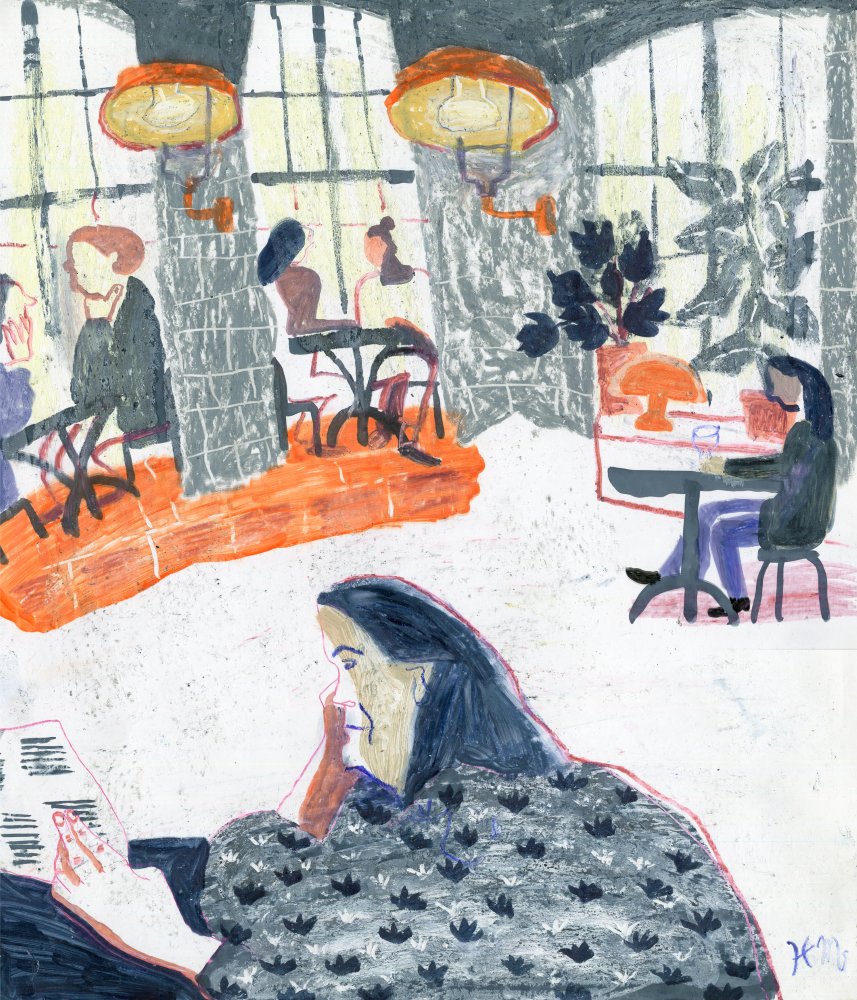 Original Mixed-Media-Kunstwerk "Coffee or Tea" von Natalia Mirzoyan. Mischtechnik aus Ölpastellkreide, Bleistift, Tusche und Acryl auf Papier, Größe ca. 20 x 30 cm. Zeitgenössische, expressive Zeichnung mit atmosphärischer Wirkung.