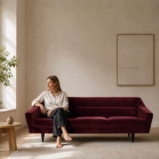 Dreiersofa COSMO mit einem bordeauxfarbenen Bezug und konisch geformten Beinen, auf dem eine junge Frau mit übergeschlagenen Beinen sitzt, Hersteller: oot-oot, Bild: KI-generiert
