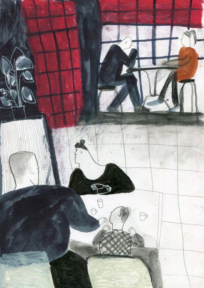 Original Mixed-Media-Kunstwerk "F-Hoone visitors" von Natalia Mirzoyan. Mischtechnik aus Ölpastellkreide, Bleistift, Tusche und Acryl auf Papier, Größe ca. 20 x 30 cm. Zeitgenössische, expressive Zeichnung mit atmosphärischer Wirkung.