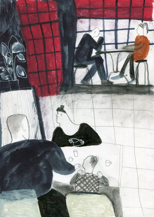 Original Mixed-Media-Kunstwerk "F-Hoone visitors" von Natalia Mirzoyan. Mischtechnik aus Ölpastellkreide, Bleistift, Tusche und Acryl auf Papier, Größe ca. 20 x 30 cm. Zeitgenössische, expressive Zeichnung mit atmosphärischer Wirkung.