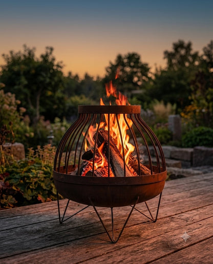Feuerschale VILMA auf einer Holzterrasse im Abendlicht, Bild: KI-generiert 
