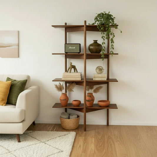 Regal AMBER Curve 102 aus Massivholz vor einer hellen Wohnzimmerwand, Hersteller: Duck Woodworks