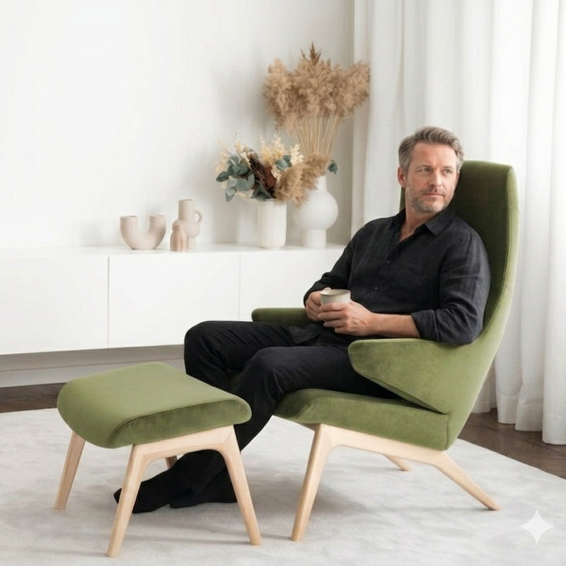 Sessel VOOG mit moosgrünem Stoffbezug, auf dem Mann mit Kaffeetasse sitzt; Hersteller: Oot-Oot (Tallinn), Bild: KI-generiert