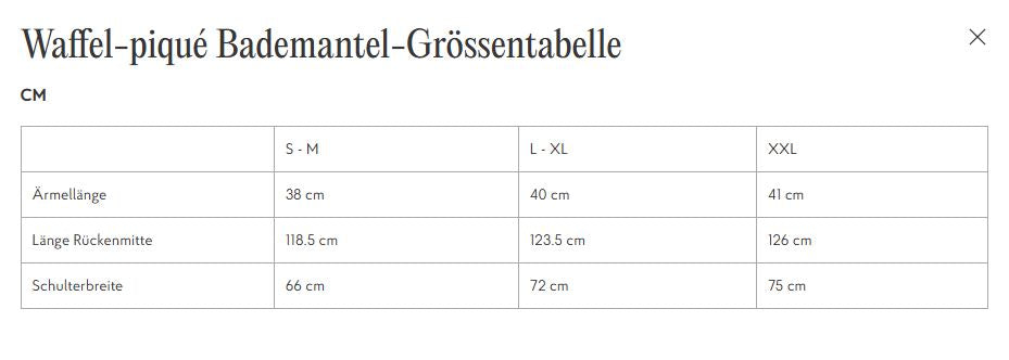 Größentabelle für Waffelpiqué-Bademantel von Linen Tales