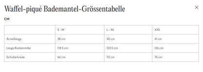 Größentabelle für Waffelpiqué-Bademantel von Linen Tales