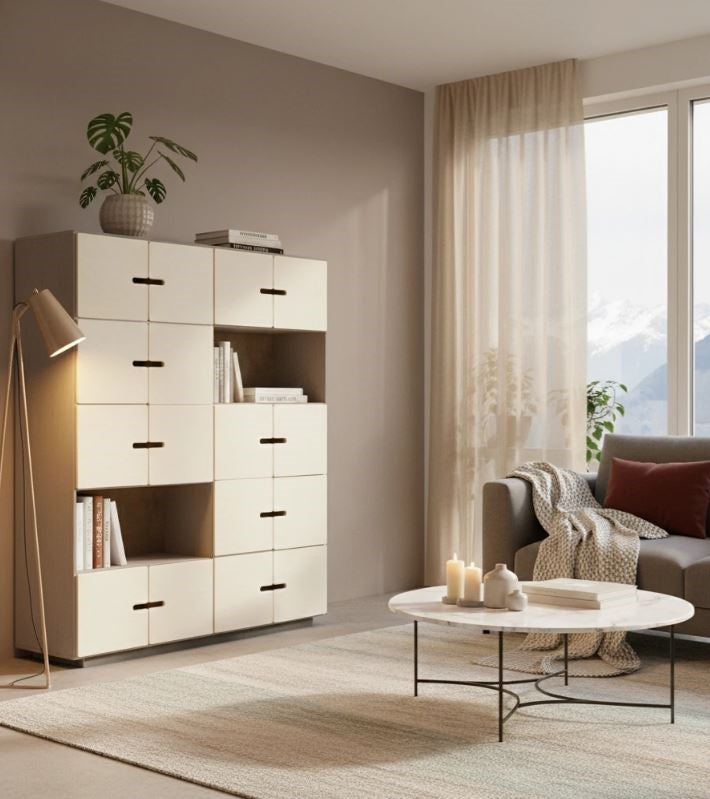 Highboard PIX 4x5 mit hellen Türen in einem modernen Wohnzimmer
