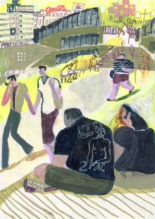 Original Mixed-Media-Kunstwerk "Hot Stockholm" von Natalia Mirzoyan. Mischtechnik aus Ölpastellkreide, Bleistift, Tusche und Acryl auf Papier, Größe ca. 20 x 30 cm. Zeitgenössische, expressive Zeichnung mit atmosphärischer Wirkung.