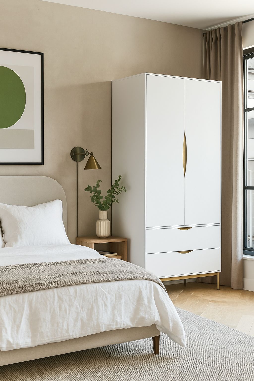 Weißer Kleiderschrank aus stabilen MDF-Platten in einem modern eingerichteten Schlafzimmer, Hersteller: Woodman (Estland)