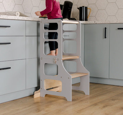 Multifunktionaler 2-in-1 Lernturm & Kindertisch in skandinavischem Design in der Farbe grau, Hersteller: Duck Woodworks