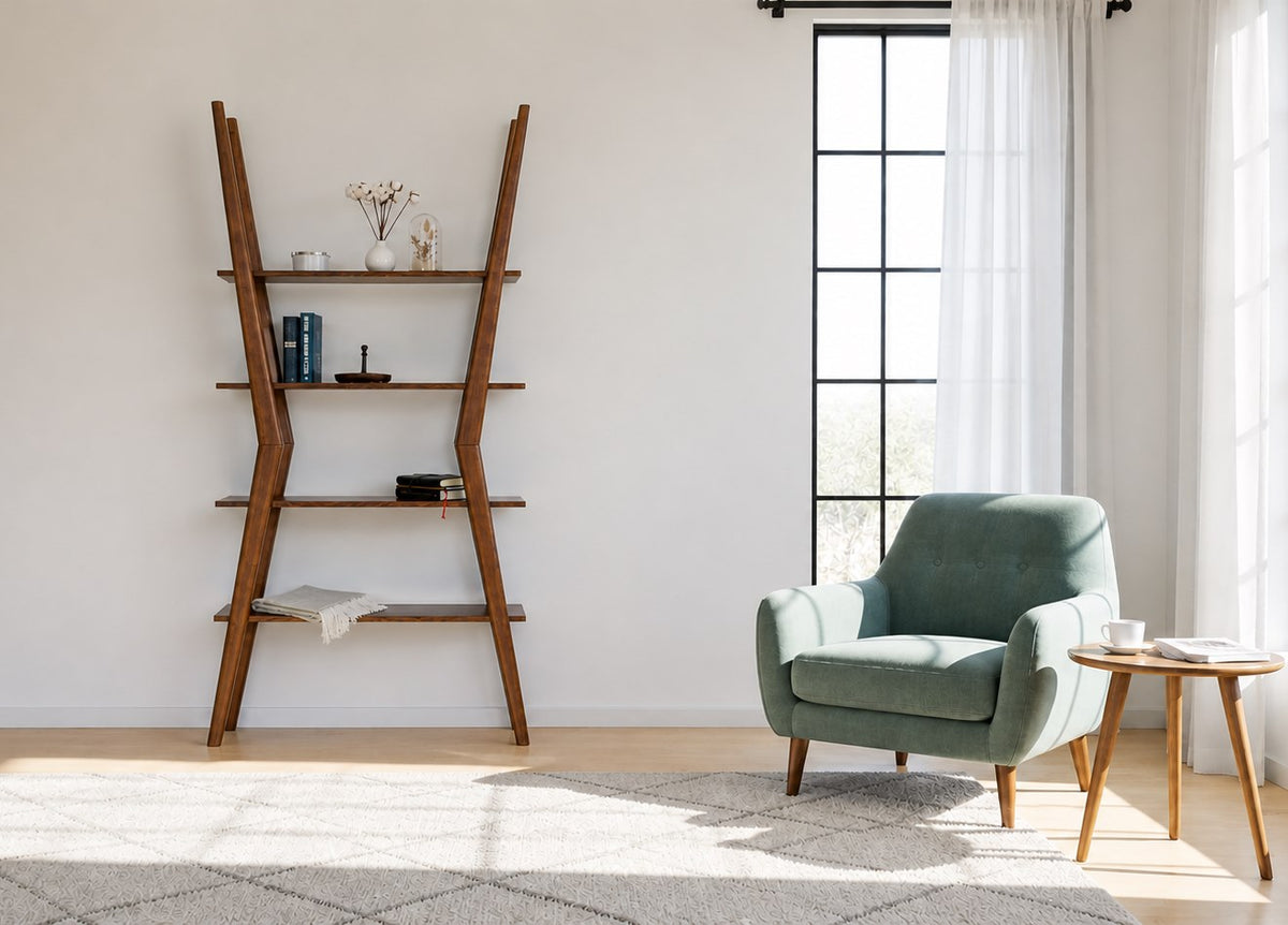 Regal AMBER X aus massiver Kiefer in einem modernen Wohnzimmer mit grünem Sessel, Hersteller: Duck Woodworks
