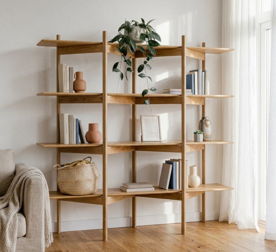 Regal AMBER aus massiver Eiche mit Dekoartikeln und Bücher vor einer weißen Wand, Hersteller: Duck Woodworks