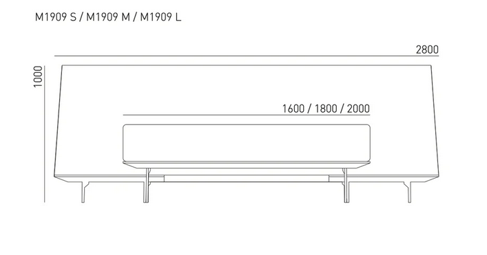 Skizze mit Maßen des Designer-Doppelbett Moretta des lettischen Möbelherstellers Mint Furniture. Das unten gebogene Kopfteil ist gleichzeitig Nachttischablage und bietet Platz für  Lampe und alles, was griffbereit auf Kopfhöhe liegen soll. 