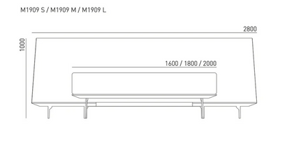 Skizze mit Maßen des Designer-Doppelbett Moretta des lettischen Möbelherstellers Mint Furniture. Das unten gebogene Kopfteil ist gleichzeitig Nachttischablage und bietet Platz für  Lampe und alles, was griffbereit auf Kopfhöhe liegen soll. 