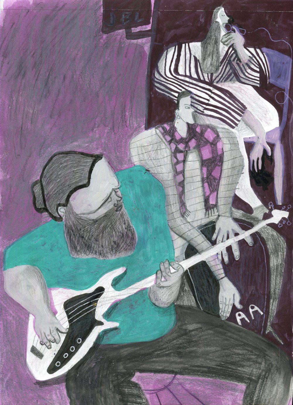 Original Mixed-Media-Kunstwerk "Music jam" von Natalia Mirzoyan. Mischtechnik aus Ölpastellkreide, Bleistift, Tusche und Acryl auf Papier, Größe ca. 20 x 30 cm. Zeitgenössische, expressive Zeichnung mit atmosphärischer Wirkung.