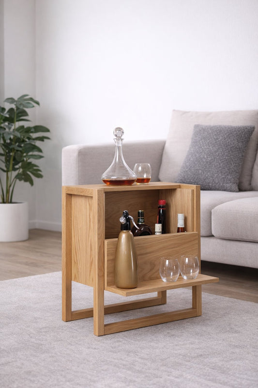 Mini-Bar mit aufgeklappter Seite auf einem hellen Teppichboden; auf der aufgeklappten Seite stehen zwei Gläser und ein Flasche, im Inneren weitere Spirituosen, Hersteller: Woodman