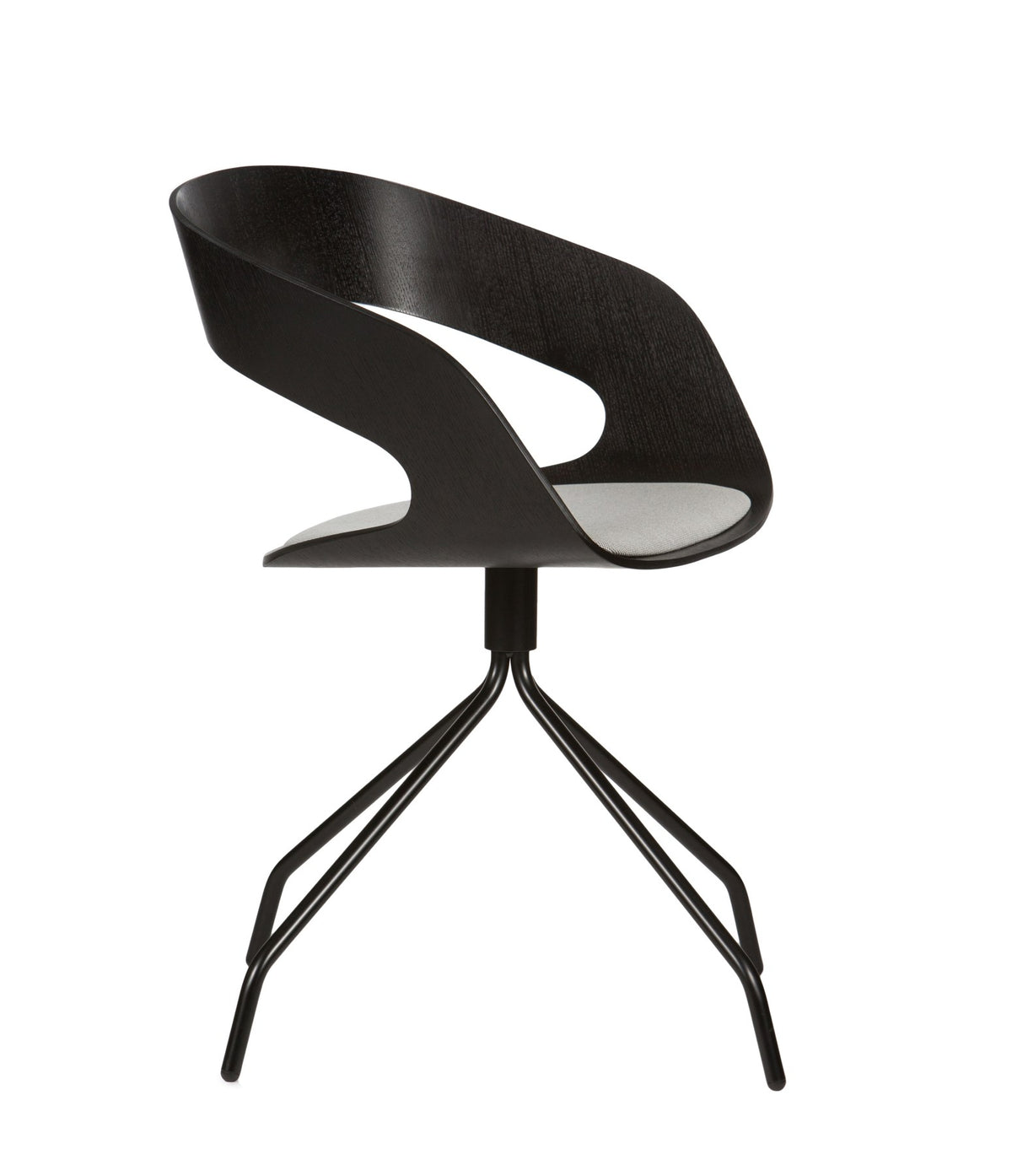 Drehbarer Esszimmerstuhl CHAT SWIVEL schwarz mit schwarzen Beinen und mit Sitzpolster, freigestellt