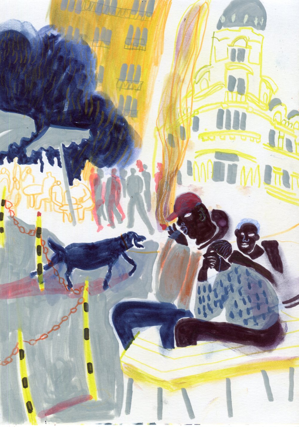 Original Mixed-Media-Kunstwerk "Paris dog" von Natalia Mirzoyan. Mischtechnik aus Ölpastellkreide, Bleistift, Tusche und Acryl auf Papier, Größe ca. 20 x 30 cm. Zeitgenössische, expressive Zeichnung mit atmosphärischer Wirkung.
