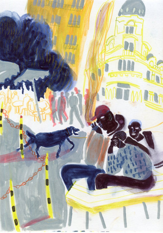 Original Mixed-Media-Kunstwerk "Paris dog" von Natalia Mirzoyan. Mischtechnik aus Ölpastellkreide, Bleistift, Tusche und Acryl auf Papier, Größe ca. 20 x 30 cm. Zeitgenössische, expressive Zeichnung mit atmosphärischer Wirkung.