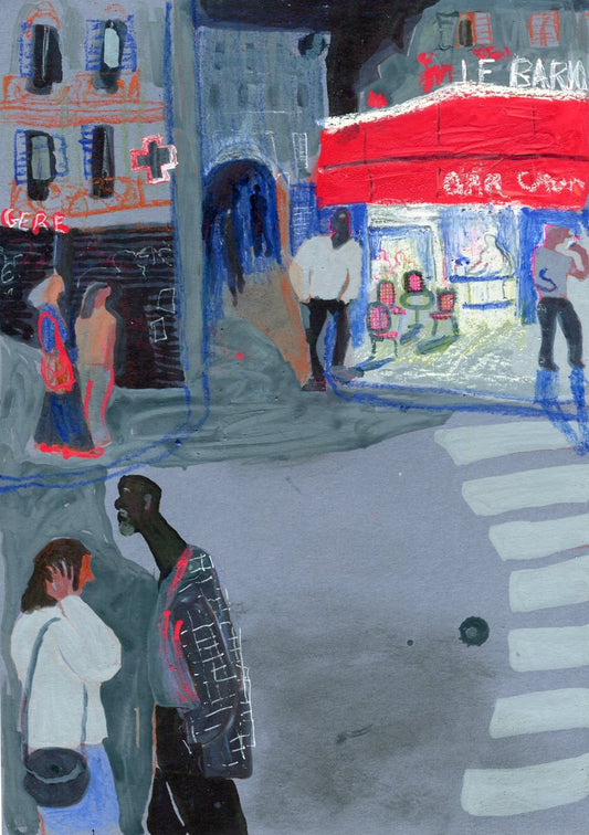 Original Mixed-Media-Kunstwerk "Paris evening" von Natalia Mirzoyan. Mischtechnik aus Ölpastellkreide, Bleistift, Tusche und Acryl auf Papier, Größe ca. 20 x 30 cm. Zeitgenössische, expressive Zeichnung mit atmosphärischer Wirkung.