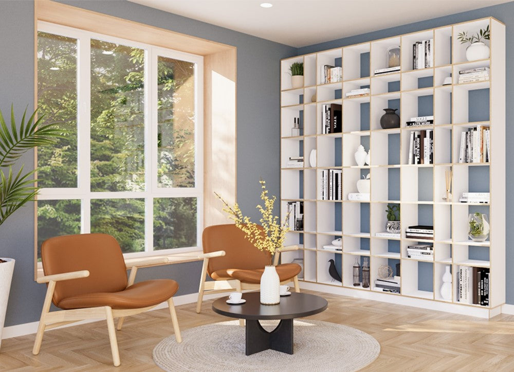 Regal skandinavisch: Das offene Regal GRID fürs Wohnzimmer des estnischen Herstellers Radis aus Tallinn