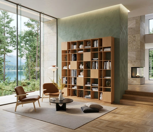 Regal GRID 8x8 mit Boxen, Eiche furniert des estnischen Herstellers Radis in einem Wohnzimmer mit Blick auf einen See