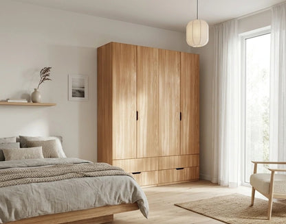 Kleiderschrank NOBLE 4-türig in Eichenfurnier mit außen zugänglichen Schubladen in einem hellen Schlafzimmer