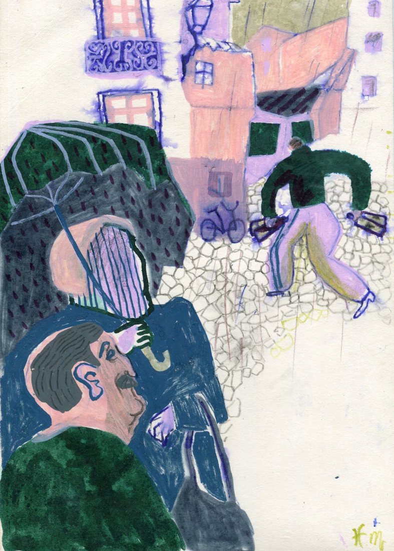 Original Mixed-Media-Kunstwerk "Rain in Lisbon" von Natalia Mirzoyan. Mischtechnik aus Ölpastellkreide, Bleistift, Tusche und Acryl auf Papier, Größe ca. 20 x 30 cm. Zeitgenössische, expressive Zeichnung mit atmosphärischer Wirkung.