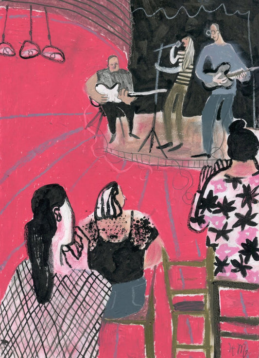 Original Mixed-Media-Kunstwerk "Rock concert" von Natalia Mirzoyan. Mischtechnik aus Ölpastellkreide, Bleistift, Tusche und Acryl auf Papier, Größe ca. 20 x 30 cm. Zeitgenössische, expressive Zeichnung mit atmosphärischer Wirkung.
