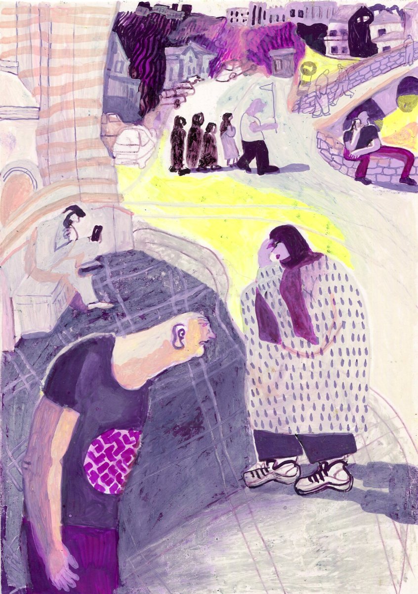 Original Mixed-Media-Kunstwerk "Sarajevo museum" von Natalia Mirzoyan. Mischtechnik aus Ölpastellkreide, Bleistift, Tusche und Acryl auf Papier, Größe ca. 20 x 30 cm. Zeitgenössische, expressive Zeichnung mit atmosphärischer Wirkung.