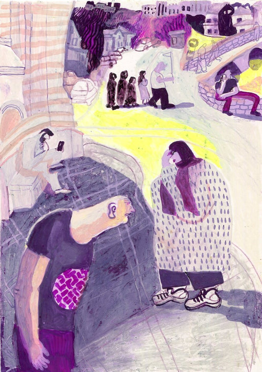 Original Mixed-Media-Kunstwerk "Sarajevo museum" von Natalia Mirzoyan. Mischtechnik aus Ölpastellkreide, Bleistift, Tusche und Acryl auf Papier, Größe ca. 20 x 30 cm. Zeitgenössische, expressive Zeichnung mit atmosphärischer Wirkung.