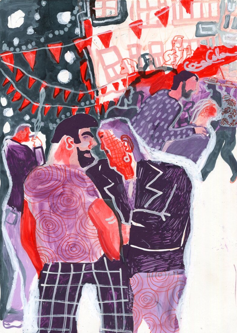 Original Mixed-Media-Kunstwerk "Sarajevo night" von Natalia Mirzoyan. Mischtechnik aus Ölpastellkreide, Bleistift, Tusche und Acryl auf Papier, Größe ca. 20 x 30 cm. Zeitgenössische, expressive Zeichnung mit atmosphärischer Wirkung.