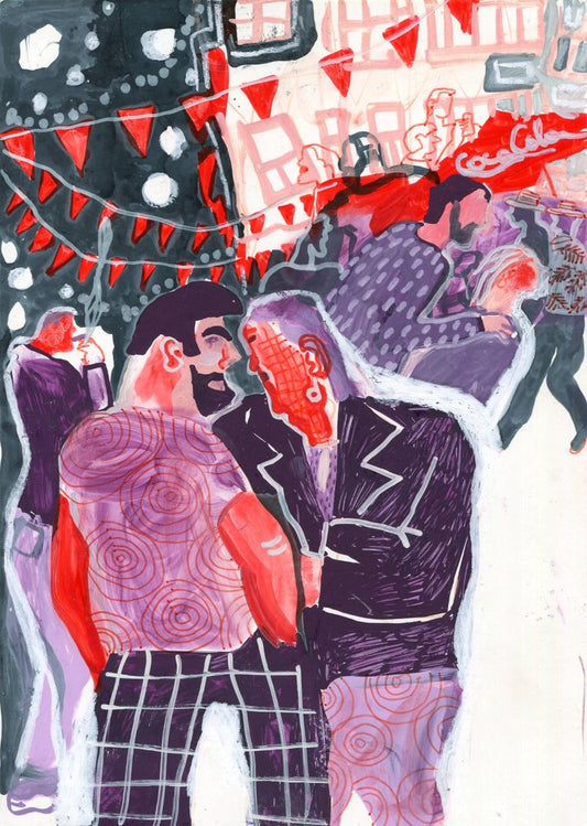 Original Mixed-Media-Kunstwerk "Sarajevo night" von Natalia Mirzoyan. Mischtechnik aus Ölpastellkreide, Bleistift, Tusche und Acryl auf Papier, Größe ca. 20 x 30 cm. Zeitgenössische, expressive Zeichnung mit atmosphärischer Wirkung.