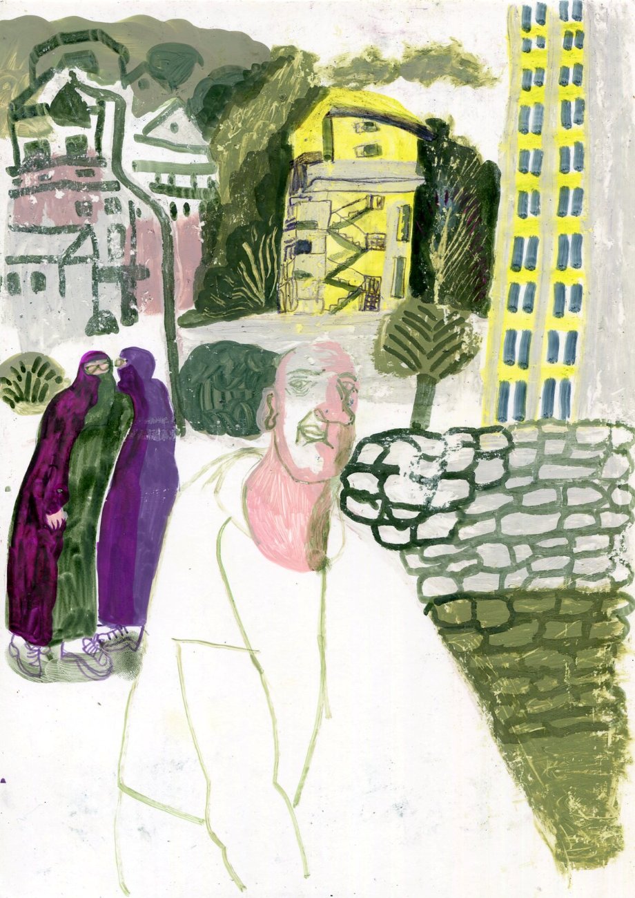 Original Mixed-Media-Kunstwerk "Sarajevo yellow house" von Natalia Mirzoyan. Mischtechnik aus Ölpastellkreide, Bleistift, Tusche und Acryl auf Papier, Größe ca. 20 x 30 cm. Zeitgenössische, expressive Zeichnung mit atmosphärischer Wirkung.