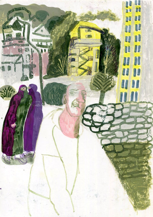 Original Mixed-Media-Kunstwerk "Sarajevo yellow house" von Natalia Mirzoyan. Mischtechnik aus Ölpastellkreide, Bleistift, Tusche und Acryl auf Papier, Größe ca. 20 x 30 cm. Zeitgenössische, expressive Zeichnung mit atmosphärischer Wirkung.