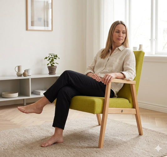 Sessel RETRO Birke in einem Wohnzimmer auf hellem Teppichboden, auf dem eine Frau sitzt, Hersteller: Tarmeko, Bild: KI-generiert