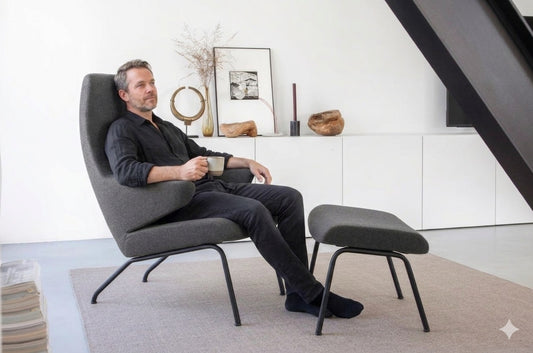 Sessel VOOG mit Metallbeinen, auf dem ein Mann mit Kaffeetasse sitzt, in einem hellen Wohnzimmer, Hersteller: Oot-Oot; Bild: KI-generiert