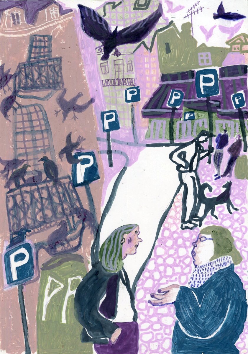 Original Mixed-Media-Kunstwerk "Small Talk in Lisbon" von Natalia Mirzoyan. Mischtechnik aus Ölpastellkreide, Bleistift, Tusche und Acryl auf Papier, Größe ca. 20 x 30 cm. Zeitgenössische, expressive Zeichnung mit atmosphärischer Wirkung.