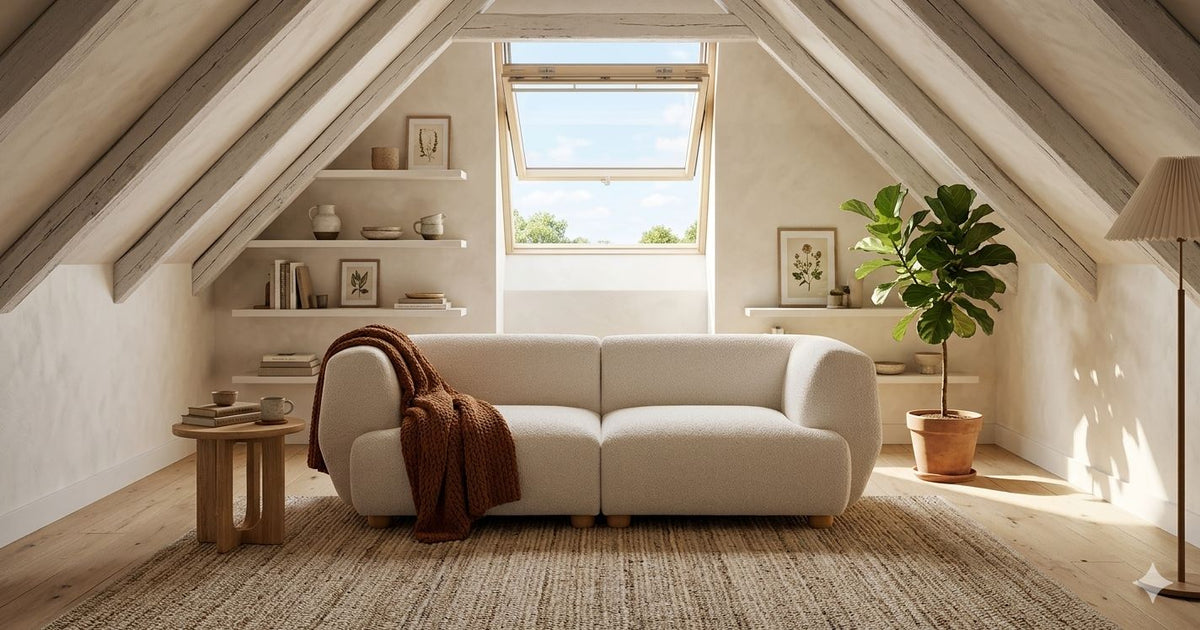 Sofa CAVA 230 von Oot-Oot in einer gemütlichen Dachwohnung vor einem geöffneten Schrägfenster, Bild: KI-generiert